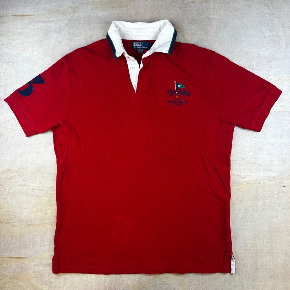 Polo Ralph Lauren Mens Red Yacht Club 1967 Rugby Polo Shirt Short Sleeve Size L